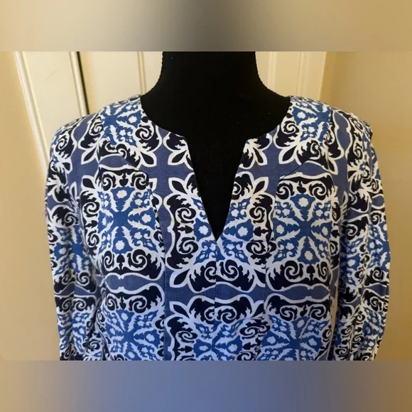 Boden 100% Linen Shift Dress Blue White Geometric Print 3/4 Sleeve Womens Sz 12R - Picture 4 of 13